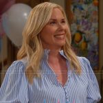 Leanne’s blue striped ruffle neck top on Leanne