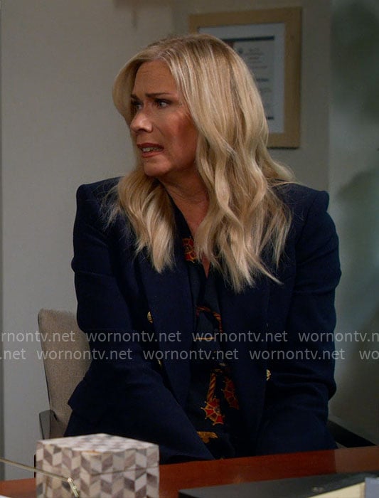 Leanne’s nautical print dress and navy blazer on Leanne