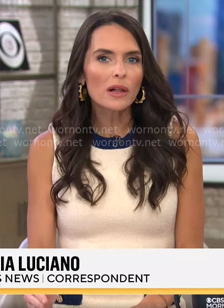 Lilia Luciano’s white dress with blue trims on CBS Mornings