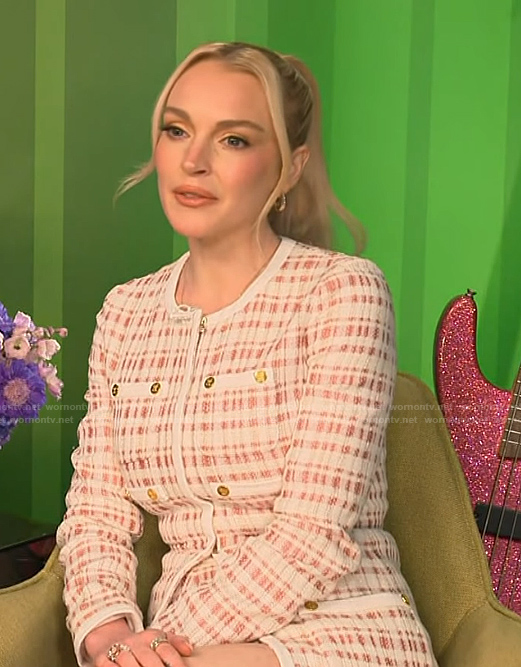 Lindsay Lohan’s pink tweed mini dress on Access Hollywood