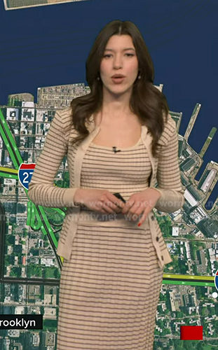 Lindsay Tuchman’s beige striped top and cardigan on Good Morning America