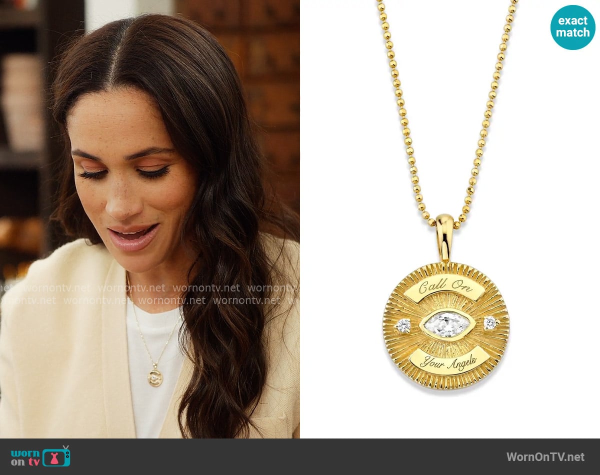 Logan Hollowell Call On Your Angels Diamond Angel Eye Coin Necklace worn by Meghan Markle on With Love Meghan