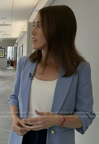 Maggie’s blue ruched sleeve blazer on Today