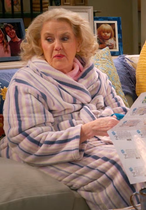 Mama Margaret’s stripe fleece robe on Leanne