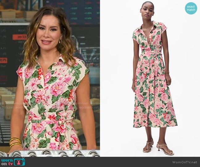 Mango Belt Printed Shirt Dress in Ecru worn by Rebecca Jarvis on Good Morning America