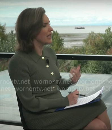 Margaret Brennan’s green rib knit button front dress on CBS Mornings