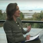 Margaret Brennan’s green rib knit button front dress on CBS Mornings