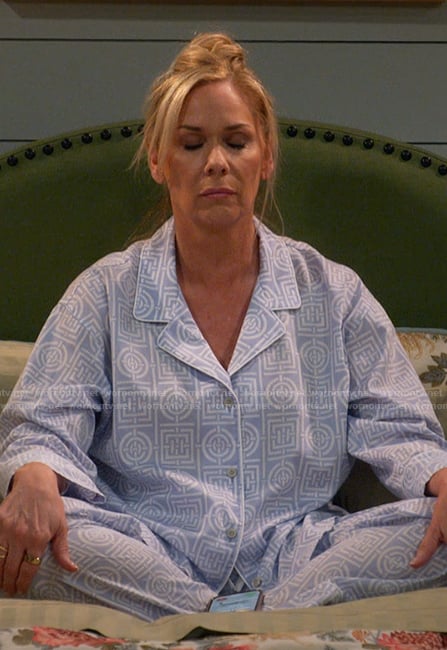 Mary’s blue geometric print pajamas on Leanne