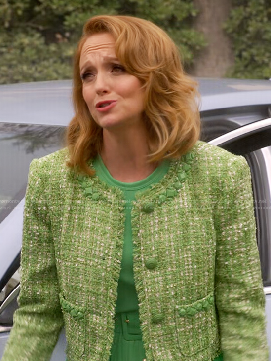 Mary’s green tweed jacket and belted dress on Leanne