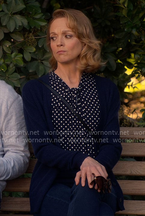 Mary’s navy polka dot top on Leanne
