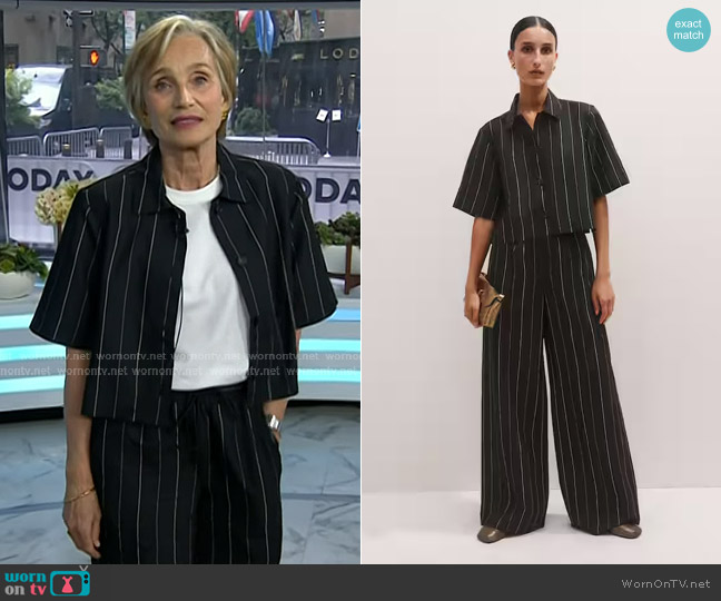 Me + Em Fluid Crop Pinstripe Shirt in Black Stone worn by Kristin Scott Thomas on Today
