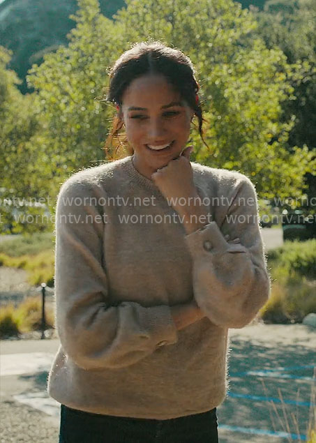 Meghan Markle’s beige button-cuff sweater on With Love Meghan