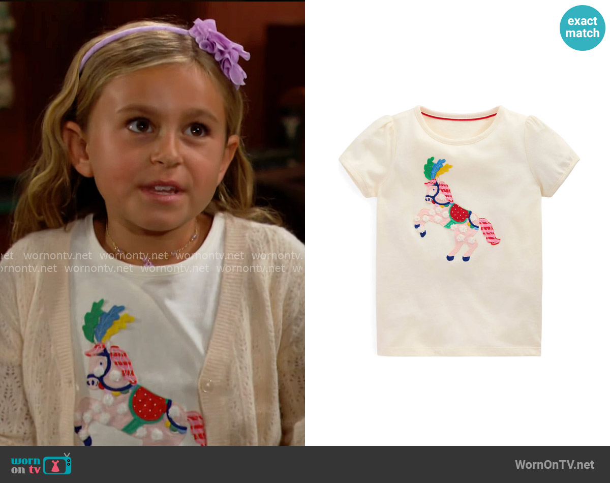 Mini Boden Horse Appliqué Puff Sleeve Cotton Graphic T-Shirt worn by Beth Spencer (Jordyn Lynn Ariza) on The Bold and the Beautiful