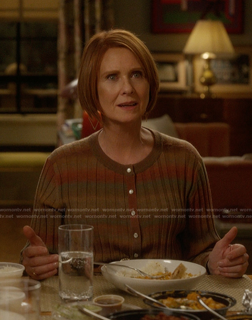 Miranda’s stripe ribbed cardigan on And Just Like That