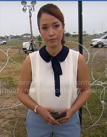 Mireya Villarreal’s white top with contrast collar and tie on CBS Mornings