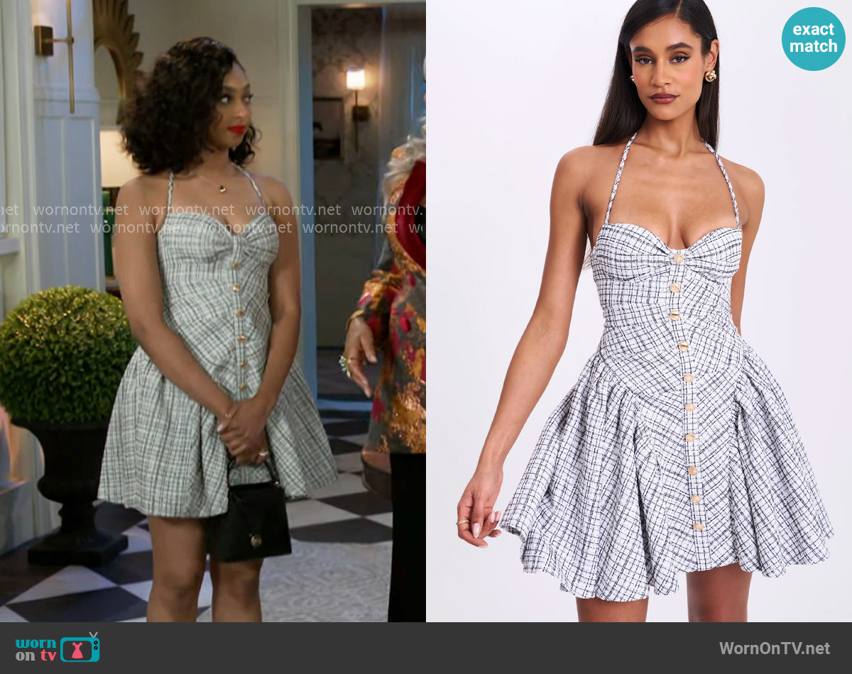 Miss Circle Melody Tweed Halter Drop Waist Mini Dress worn by Kat Richardson (Colby Muhammad) on Beyond the Gates