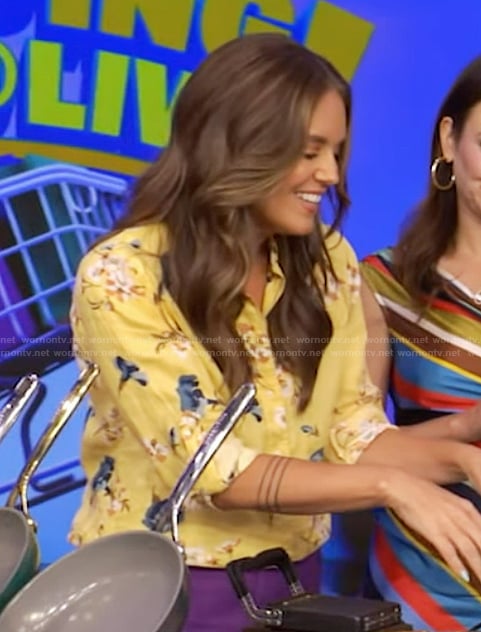 Monica Mangin’s yellow floral print shirt on Live with Kelly and Mark