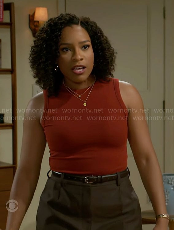 Naomi’s red knit tank top on Beyond the Gates