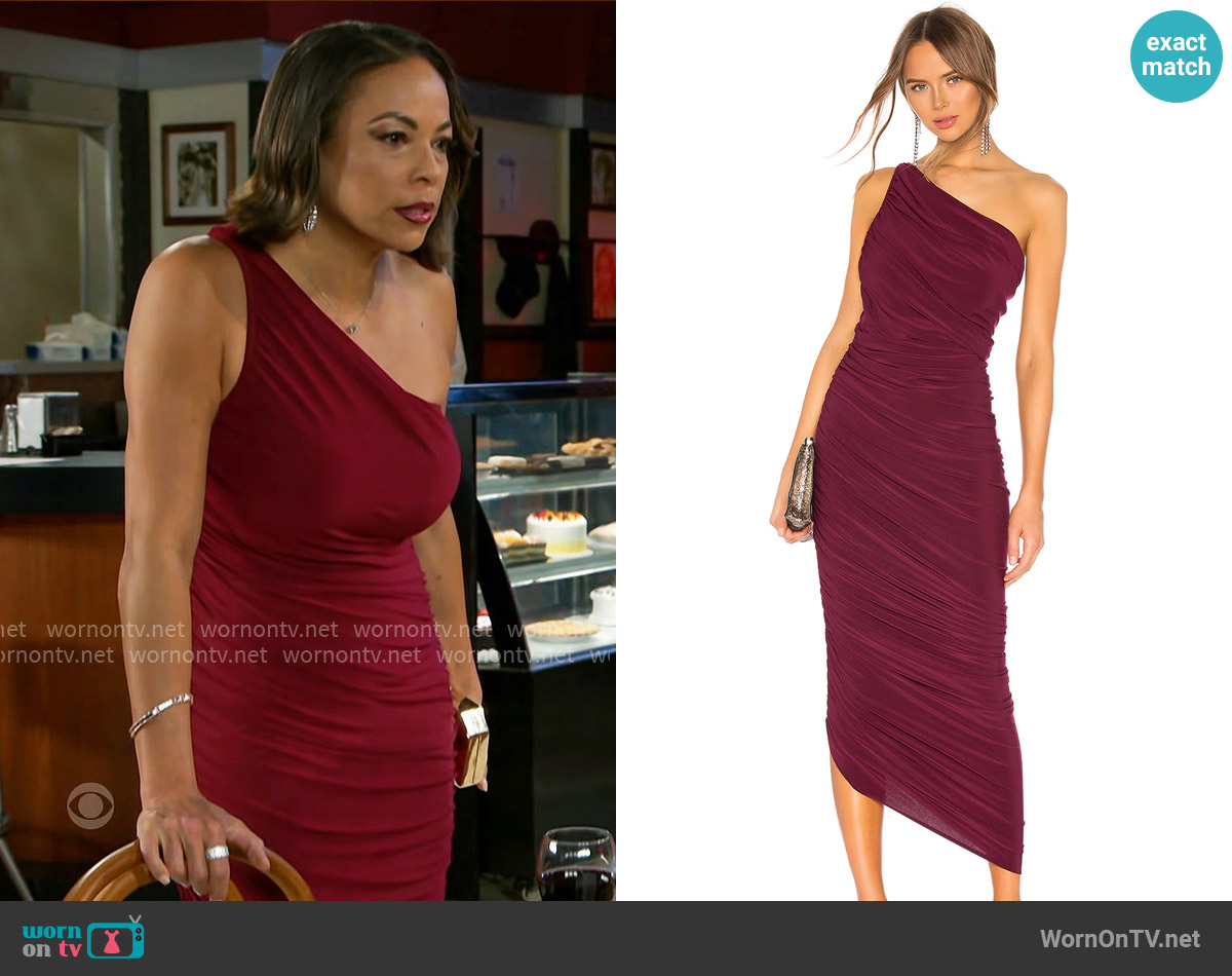 Norma Kamali Diana Dress in Plum worn by Nicole Dupree Richardson (Daphnee Duplaix) on Beyond the Gates