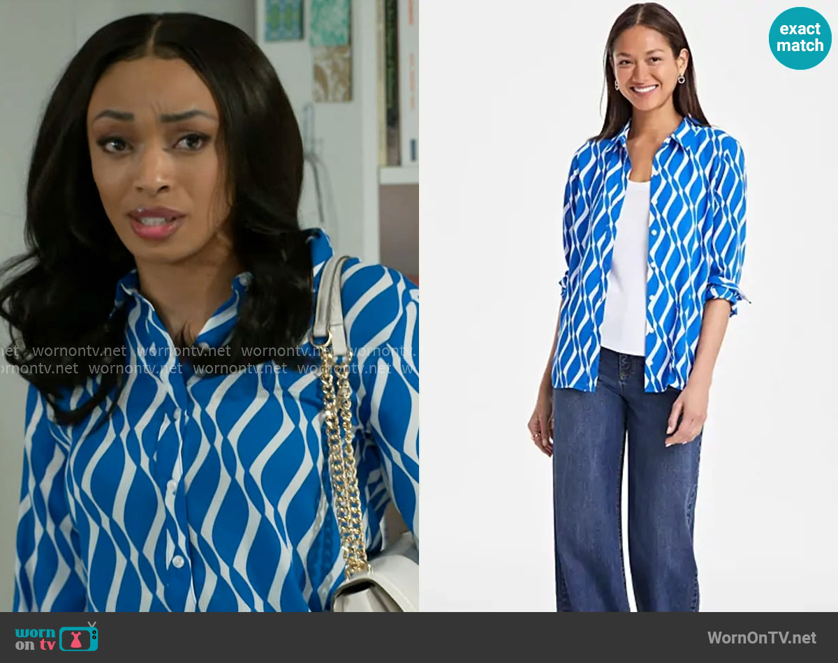 On 34th Button-Front Crepe Shirt in Seaport Combo worn by Madison Montgomery (Kenjah) on Beyond the Gates
