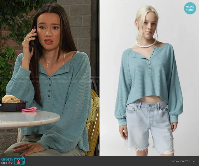 Out From Under Erin Slouchy Henley Top worn by Sophia Choi (Rachel Boyd) on Days of our Lives