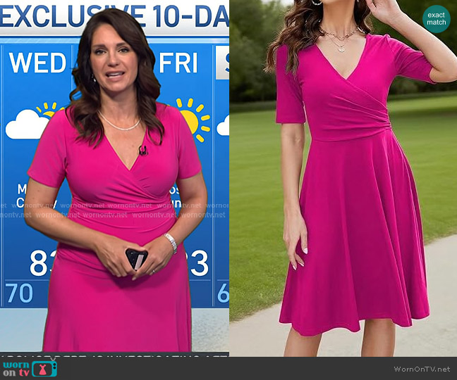 oxiuly V-Neck Stretchy Casual Dresses in Rose Red worn by Maria Larosa on Today