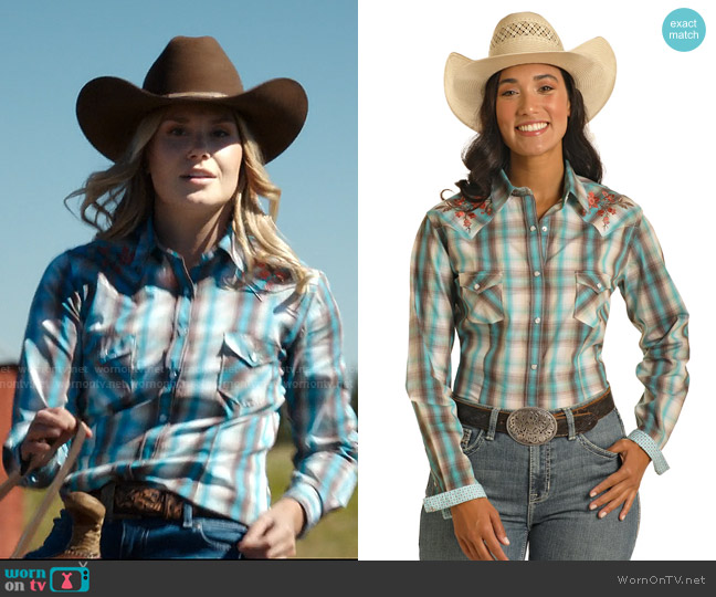 Panhandle Slim Teal Plaid with Floral Embroidery worn by Blake Hartford (Natalie Sharp) on My Life with the Walter Boys