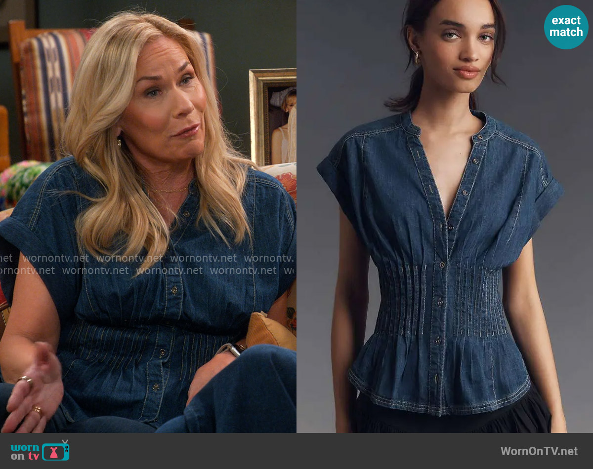 Pilcro Short-Sleeve Pleated Corset Blouse worn by Leanne Murphy (Leanne Morgan) on Leanne