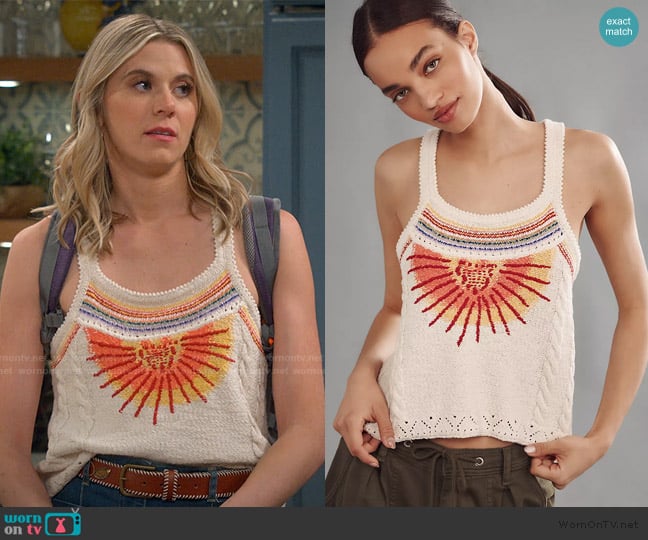 Pilcro Sunshine Motif Fringed Crop Sweater Tank worn by Josie Murphy (Hannah Pilkes) on Leanne