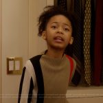 Gabrielle’s plaid sweater and mini skirt on And Just Like That