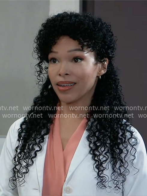 Portia’s coral v-neck top on General Hospital