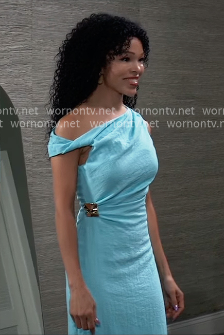 Portia’s turquoise asymmetric dress with gold detail on General Hospital