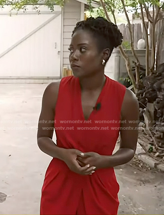 Priscilla Thompson’s red laylered v-neck dress on Today