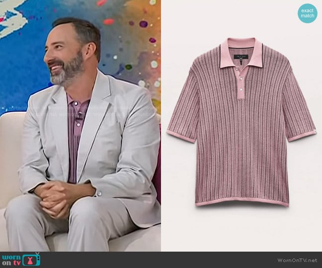 Rag & Bone Harvey Striped Knit Polo Shirt in Grape worn by Tony Hale on Today