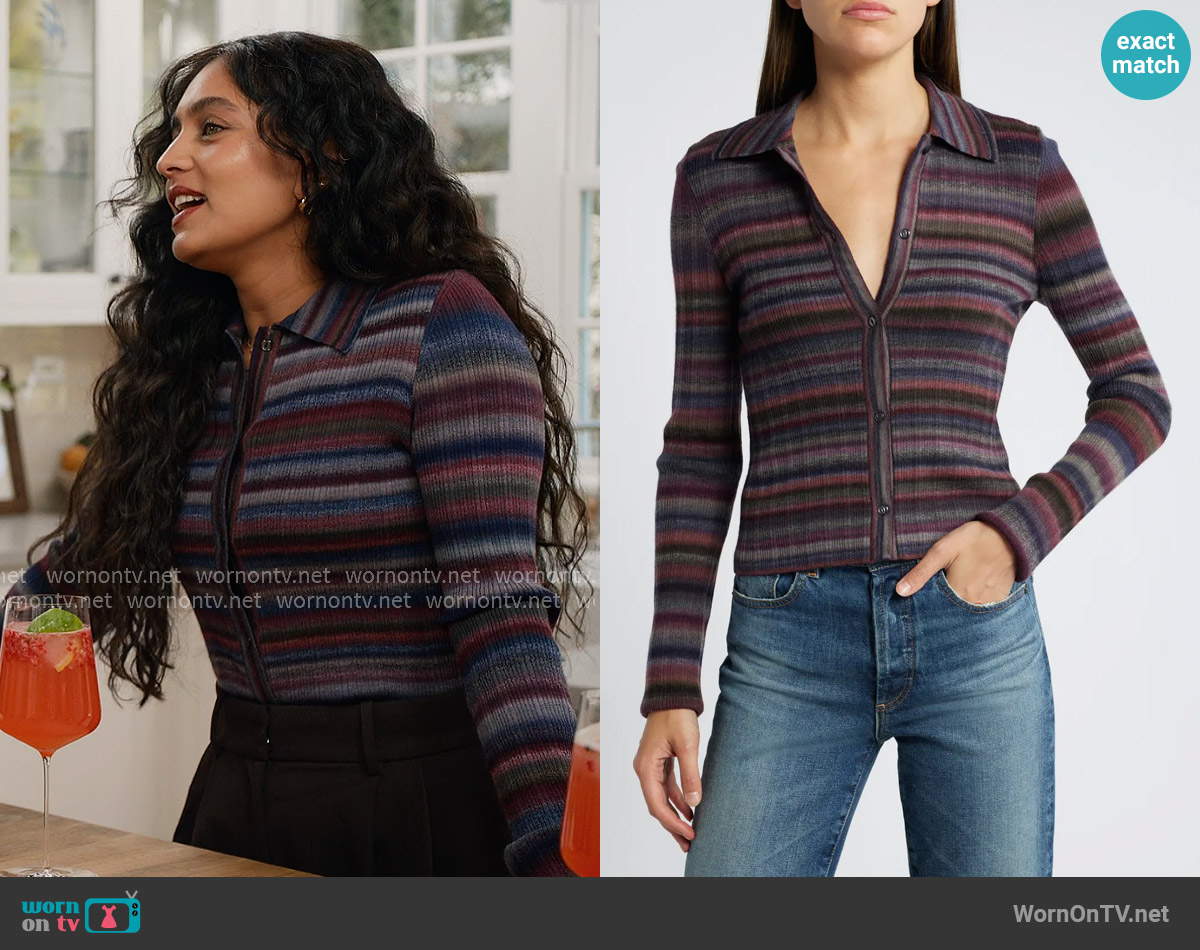 Re/Done Rib Wool Polo Cardigan in Lavender Combo worn by Radhi Devlukia on With Love Meghan