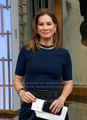 Rebecca’s navy embellished neck sweater on Good Morning America