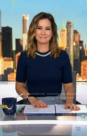 Rebecca’s navy embellished neck sweater on Good Morning America