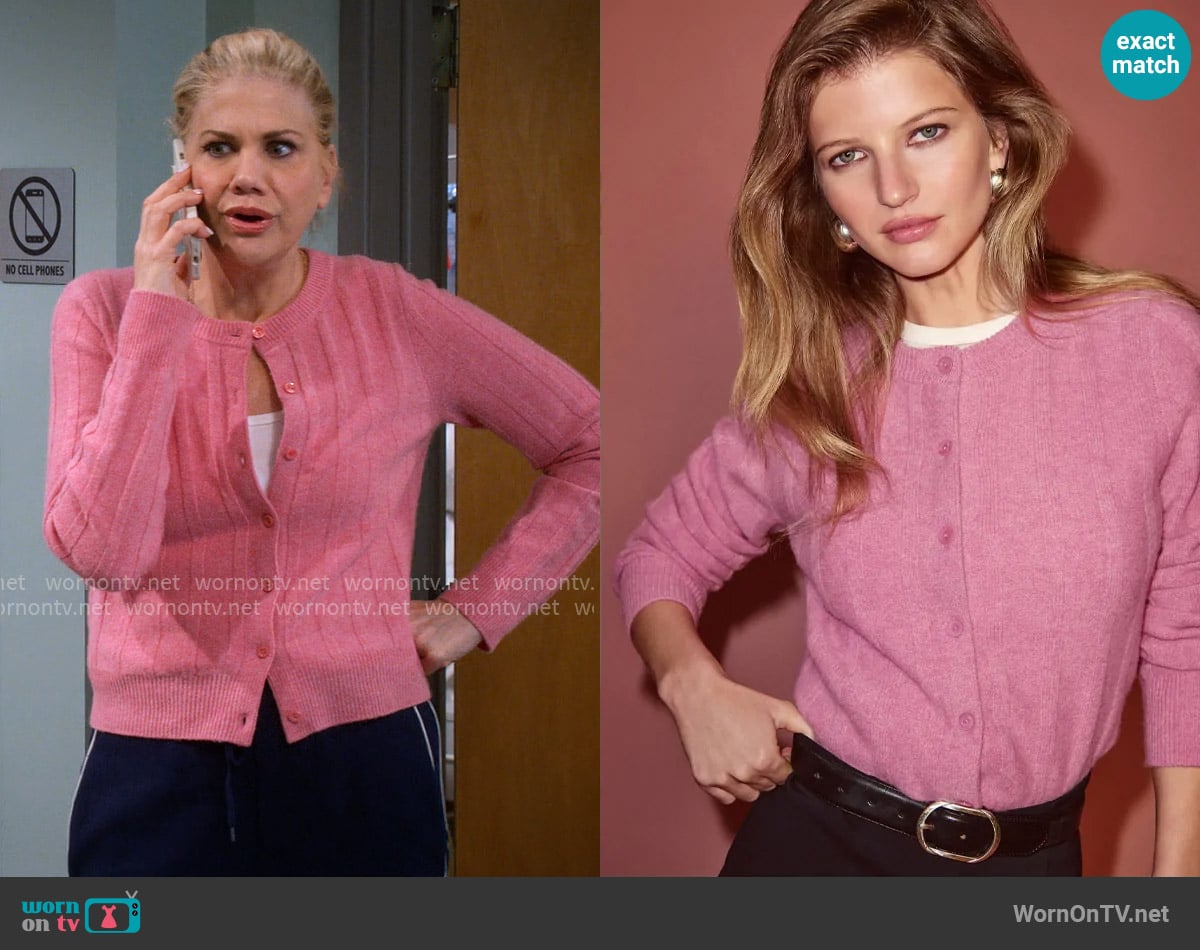 Reformation Hannah Cardigan in Peony worn by Carol (Kristen Johnston) on Leanne