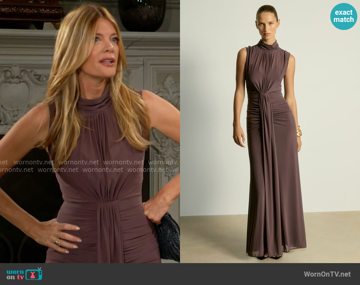 Reiss Daniella Ruched Maxi Dress in Taupe worn by Phyllis Summers (Michelle Stafford) on The Young and the Restless