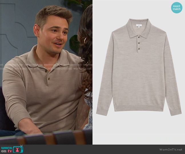 Reiss Merino Wool Polo Shirt in Wheat Melange worn by Johnny DiMera (Carson Boatman) on Days of our Lives