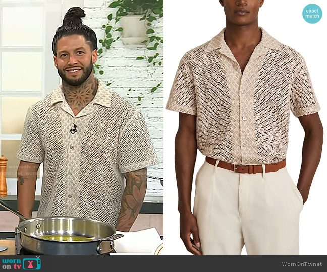 Reiss Sterling Geo Crochet Button Down Camp Shirt in Oatmeal worn by Robbie Felice on Today