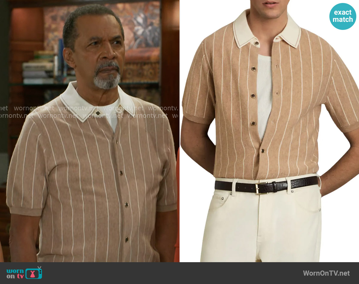 Reiss Worthy Stripe Short Sleeve Wool Button-Up Shirt in Camel worn by Vernon Dupree (Clifton Davis) on Beyond the Gates