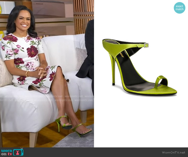 Saint Laurent Dive Sandal in Pea Green worn by Linsey Davis on Good Morning America