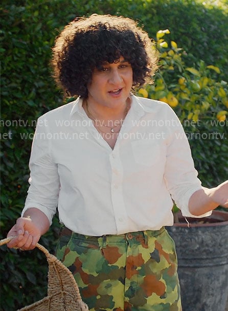 Samin Nosrat’s white shirt and camo pants on With Love Meghan