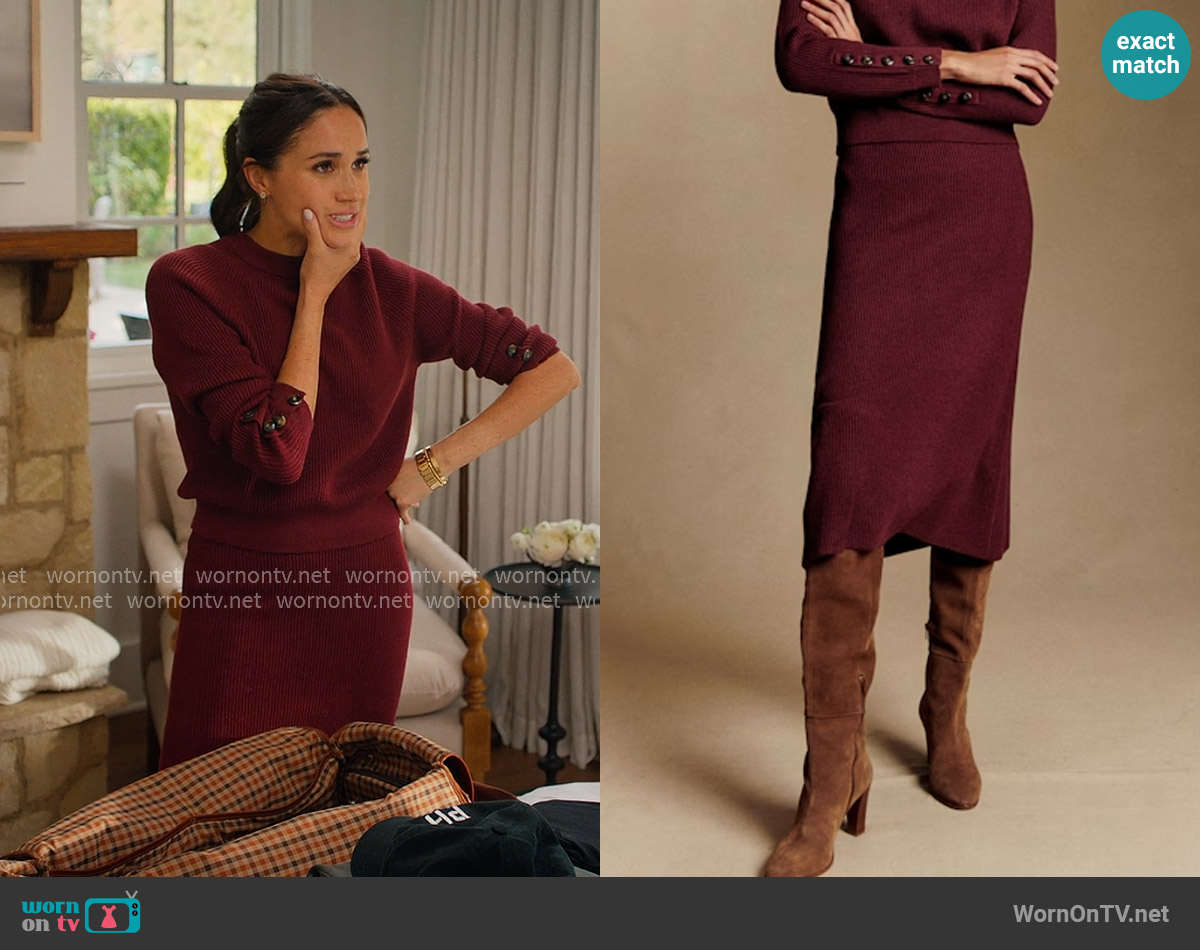 Sezane Naelle Skirt in Burgundy worn by Meghan Markle on With Love Meghan