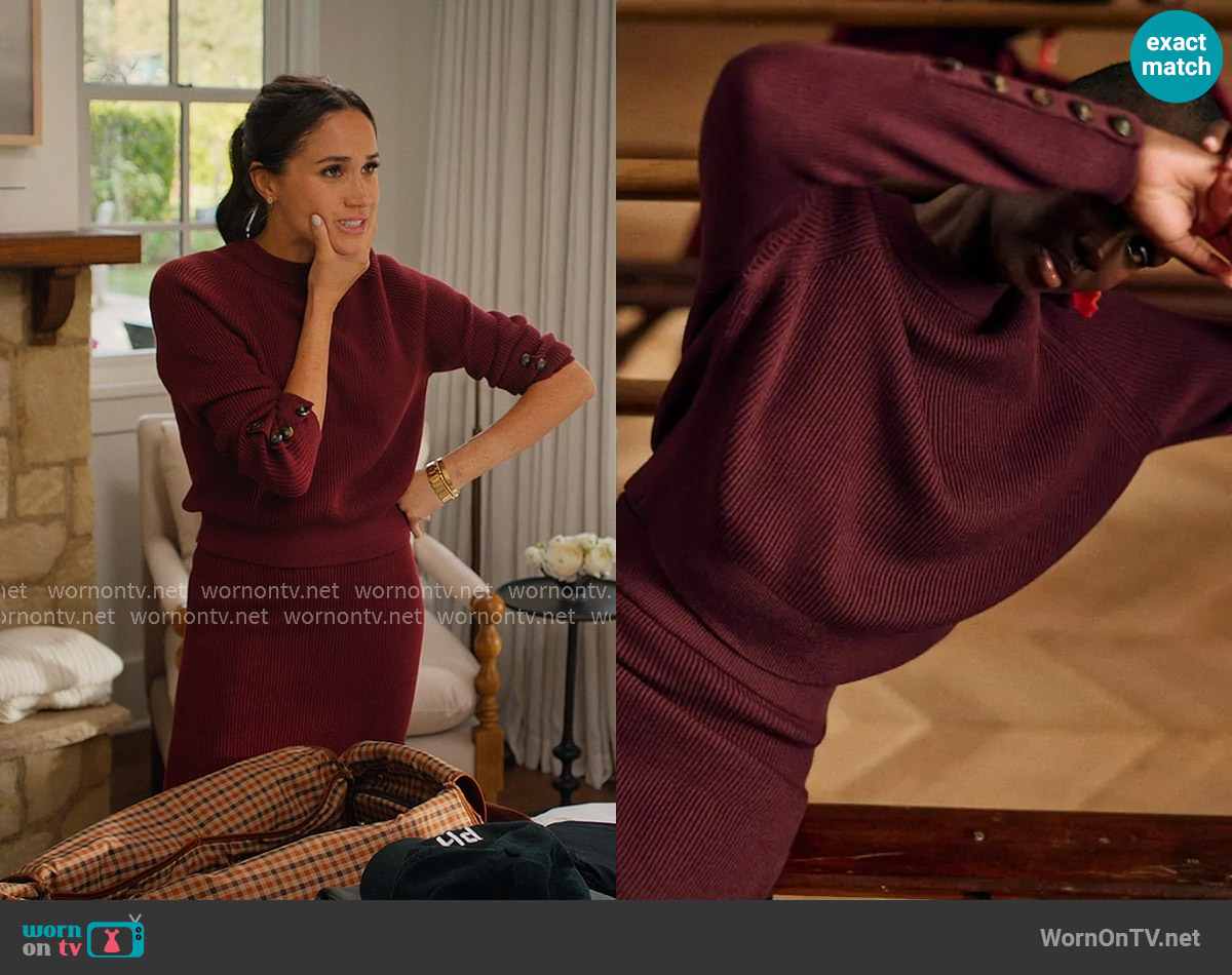 Sezane Sami Jumper in Burgundy worn by Meghan Markle on With Love Meghan