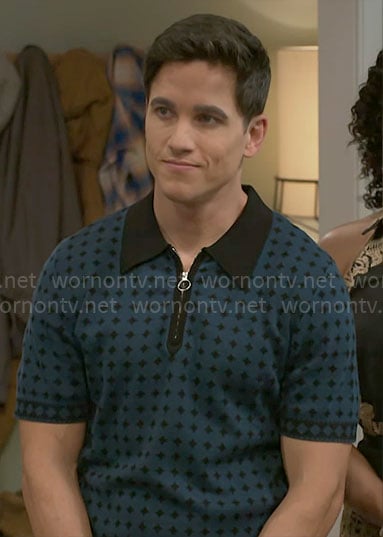 Smitty’s blue geometric zip polo shirt on Beyond the Gates