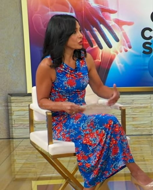 Tara’s blue printed sleeveless dress on Good Morning America