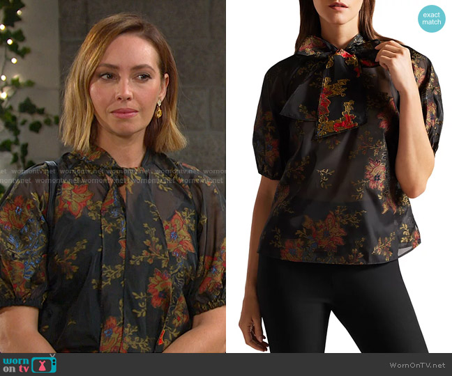 Ted Baker Marshil Tie Neck Puff Sleeve Top worn by Gwen Rizczech (Emily O'Brien) on Days of our Lives