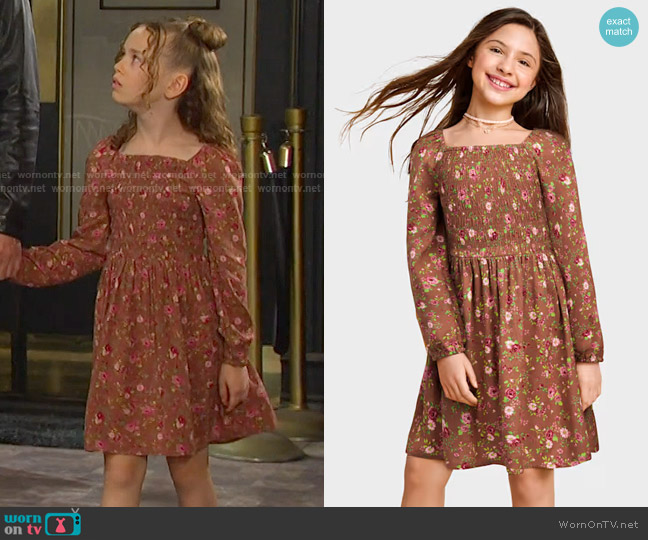 The Children’s Place Girls Floral Smocked Dress in brown worn by Rachel Black (Alice Halsey) on Days of our Lives